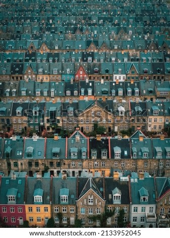 rooftops of Kartoffelraekkerne neighborhood, in Oesterbro, Copenhagen, Denmark. The neighbourhood built in the late 1800s for working class families is today one of the most sought for in Copenhagen