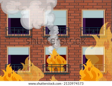 Window apartment facade with fire accident illustration