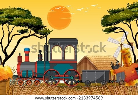 Train with natural scene farm scene illustration