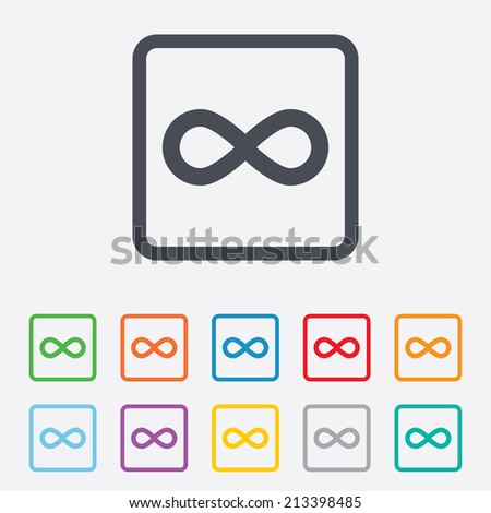 Limitless sign icon. Infinity symbol. Round squares buttons with frame. Vector