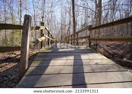 Wooden bridge in the forest during cold winter day (Greenbelt National Park, College Park, Prince George county, Maryland, USA).