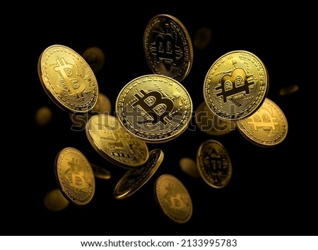 Gold coin Bitcoin levitates on a black background Royalty-Free Stock Photo #2133995783