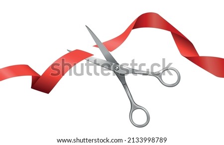 Realistic presentational composition consisting from metallic scissors cutting flying red silk ribbon on white background vector illustration