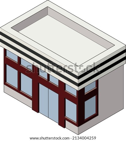 A three-dimensional, isometric exterior illustration of a convenience store that can be used for infographics. 3D icon material with main lines.