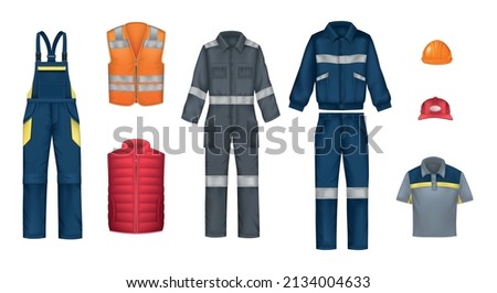 Workwear uniform realistic set with isolated icons of hats overall suits and vests on blank background vector illustration Royalty-Free Stock Photo #2134004633