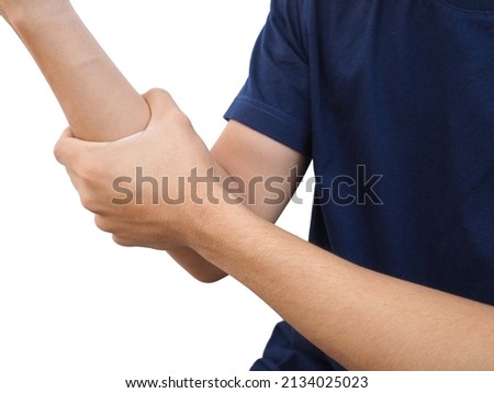 Man suffering from arm pain, painful in arm muscles on white background, health care concept.