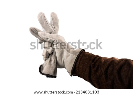 Worker showing gesture - open palm and five fingers. Male hands wearing working glove, isolated on white background.