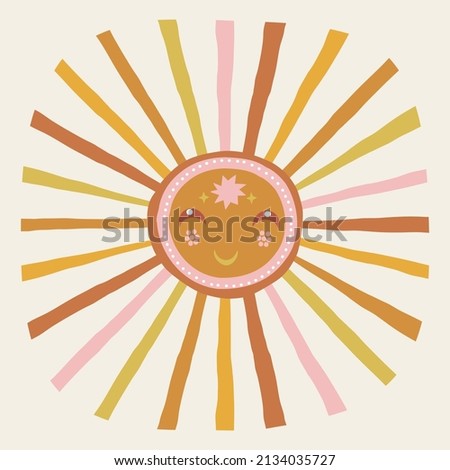 Boho celestial cuts out style smiling sun with moon like eyes vector illustration. Scandinavian decorative solar day and night poster for nursery decor.