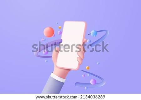 3D vector hand holding mobile phone isolated on purple background, 3d Hand using smartphone with empty screen for mockup mobile pink concept. showcase 3d display hand scene with device mobile phone Royalty-Free Stock Photo #2134036289
