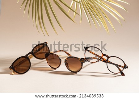 Trendy sunglasses of different design and eyeglasses on beige background with golden palm leaves. Copy space for text. Sunglasses sale concept. Optic shop promotion banner. Eyewear fashion Royalty-Free Stock Photo #2134039533