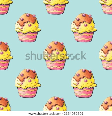 Watercolor pattern with cupcakes. Desserts, pastries on a colored background.