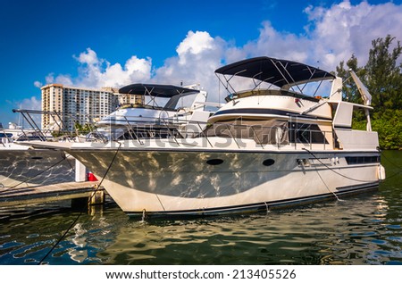 Boat in Collins Canal in Miami Beach, Florida.