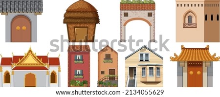 Different design of buildings on white background illustration