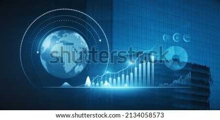 Abstract glowing digital business chart and globe on blurry background. Trend, finance and economy concept. Double exposure