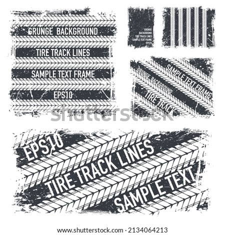 Set of white tire track silhouettes isolated on black backgrounds with sample text