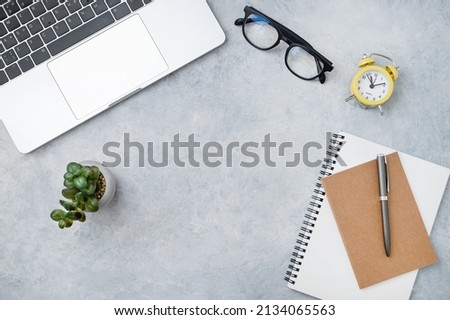 Flat lay notebook, pen, eyeglass,  yellow alarm clock, notepad  and succulent plant on a blue  background. Business  women concept. Top view and copy space. 