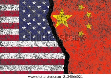 China flag and united state of America flag print screen on crack wall for business competition and military war conflict between both countries.