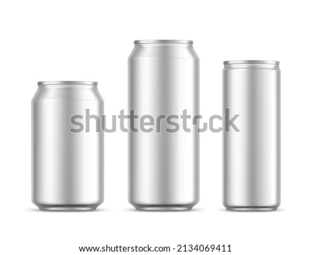 Realistic aluminum cans. Blank metallic can. Empty mockup for energy drink, beer, soda, water, juice, alcohol. Packaging  aluminium container. Vector template isolated on white Royalty-Free Stock Photo #2134069411