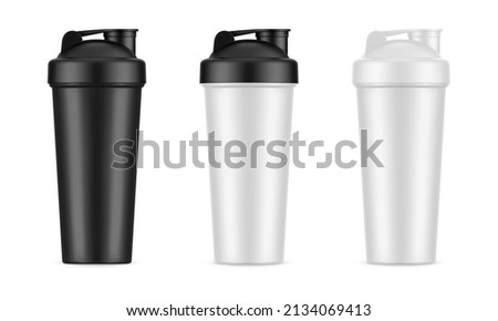 Blank black and white plastic shaker bottle set with flip lid for mockup and template design. Empty whey protein bottle. Drink for fitness. Sport equipment. Realistic 3d vector illustration Royalty-Free Stock Photo #2134069413