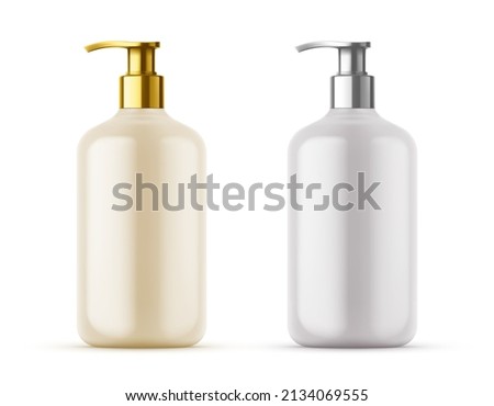 Plastic bottle set with dispenser pump for liquid soap , gel, lotion, cream, shampoo, bath foam and other cosmetics. Blank product packaging mockup template design for ads Royalty-Free Stock Photo #2134069555