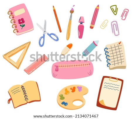School supplies. Back to school. Big set of hand draw school items. Books, pencils, pens, notebooks, erasers, paper, clips, globe, backpack. Study. Vector illustration Royalty-Free Stock Photo #2134071467