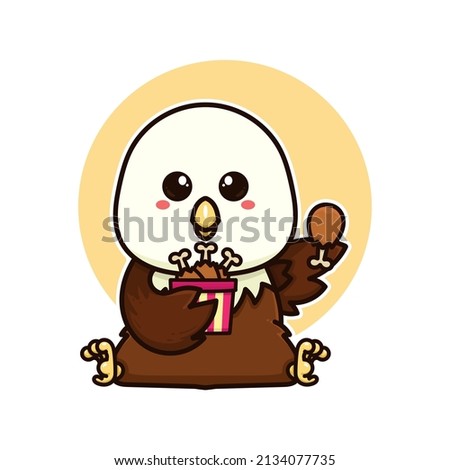 happy bald eagle eat chicken drumstick adorable cartoon doodle vector illustration flat design style