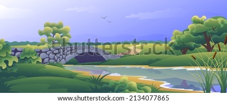 Summer landscape of water crossing in meadow area. Stone bridge over the river.