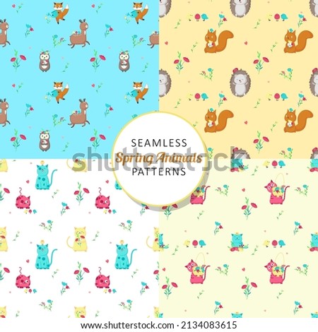 Spring animals seamless pattern set, vector illustration. Spring childish background, wallpaper with cute cats and forest animals, flowers, birds.