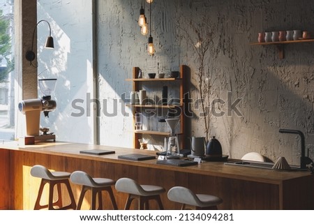 cafe interior Layout in a loft style in dark colors open space interior view of various coffee Welcome open coffee shop background Royalty-Free Stock Photo #2134094281