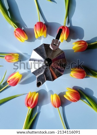 Morning with french press for coffee on blue background. Bouquet of tulips. Top view, copy space, mockup. Flat lay. Food and drinks. Spring holidays. 