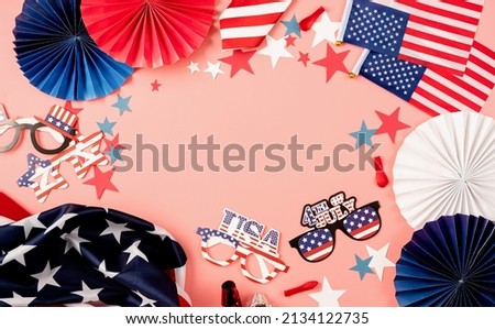 USA independence day party element top view flat lay on solid pink background