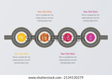 Road map timeline infographic template with4colorful pin pointers on the way
