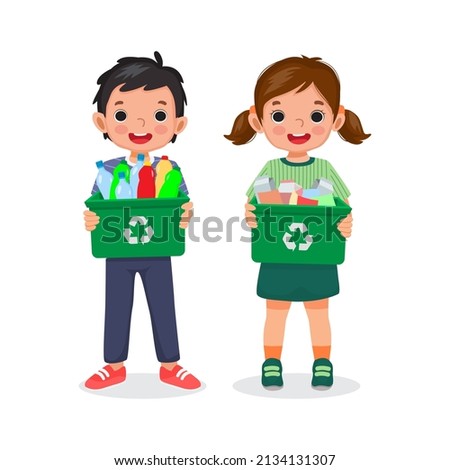 happy child kids little boy and girl holding recycling bin container full of plastic bottles and papers garbage for waste sorting Royalty-Free Stock Photo #2134131307