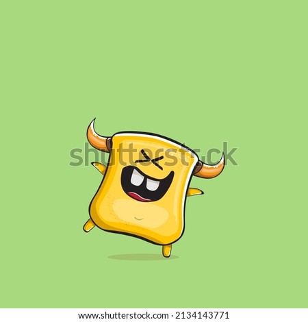 Vector cartoon funny yellow monster with horn isolated on mint green pastel background. Smiling silly orange monster print sticker design template. Ghost, troll, gremlin, goblin, devil and monster