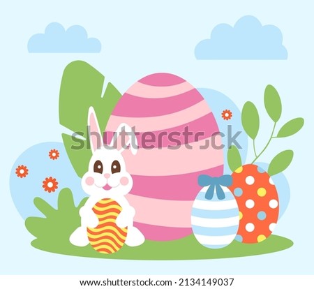 easter rabbit with eggs vector illustration in flat style