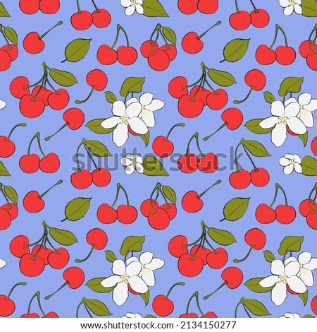 A set of seamless patterns of cherries, leaves and fruits, 1000x1000 pixels. Vector grafic