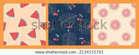 Seamless pattern with fruits and berries. Hand drawn vector background. Design elements for prints, paper, textile, fabric, children background. Collection of 3 patterns. Beautiful joyful design