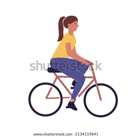 Happy smiling girl riding a bicycle outdoor. Active sport habits biking in city park cartoon vector illustration