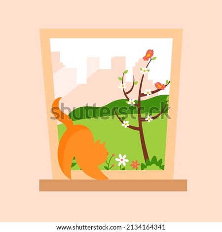 Spring window with a playful cat on the windowsill. Spring background picture. Vector illustration.	