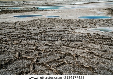 Chaka Salt Lake and Saline-alkali land landscape with blue sky and Snow mountain background in northwest China.