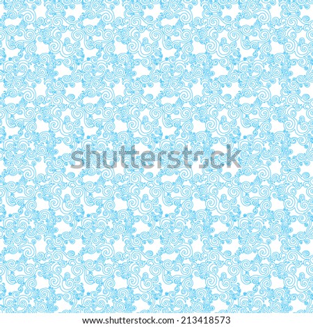 Vector seamless pattern with swirls motifs in retro style. Winter concept scroll work background. Blue element for design. Ornamental backdrop and lace wallpaper. Monochrome pattern fill.