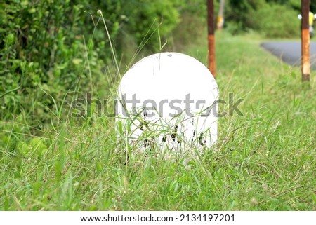 White Milestone on green grass with side of road