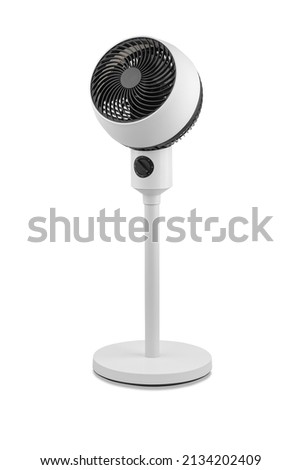 black and white plastic floor electric fan isolated on a light background. minimal concept with copy space Royalty-Free Stock Photo #2134202409