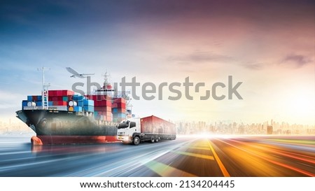 Logistics import export of containers cargo freight ship, truck transport with red container on highway at port cargo shipping dock yard background, copy space, plane, transportation industry concept Royalty-Free Stock Photo #2134204445