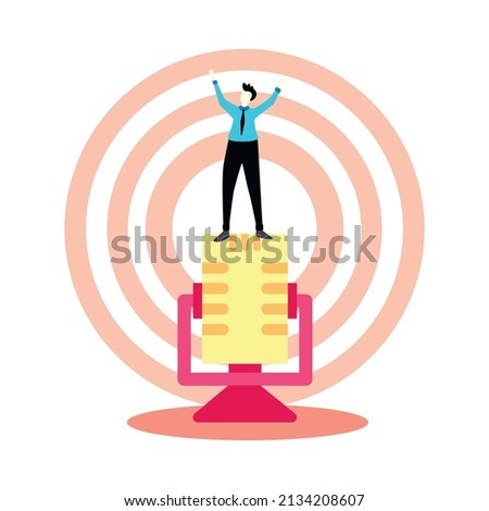 Online music learning app composition with human character standing on top of microphone symbol vector illustration