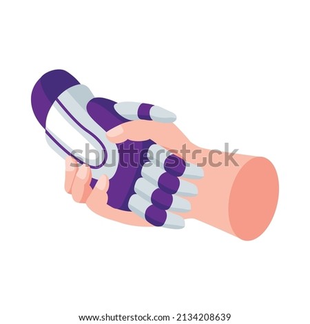Isometric artificial intelligence composition with isolated image of robotic and human hands shaking vector illustration