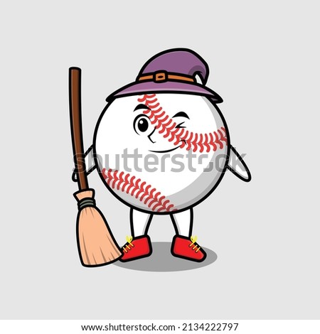 Cute cartoon witch shaped baseball ball character with hat and broomstick