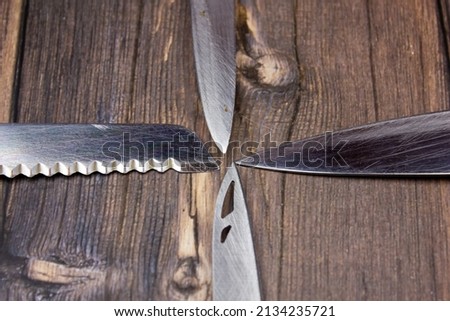 The Old knives close-up. Antique knives. Old kitchen knives. Royalty-Free Stock Photo #2134235721