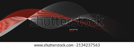 Abstract background vector illustration, red and black dots in motion by curve lines, particles flow wave isolated, monochrome black and white illustration.