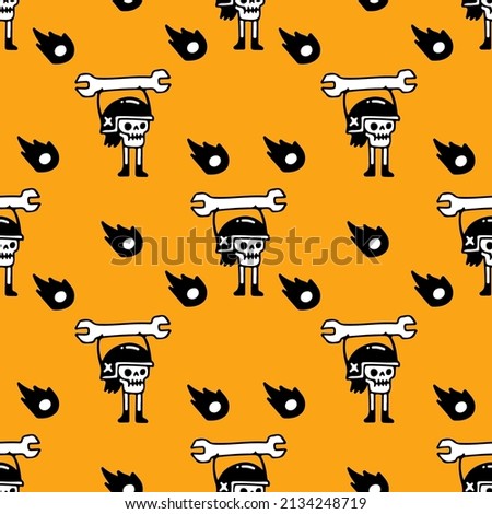 Funny rider skeleton with wrench and meteor, seamless pattern background illustration for t-shirt, sticker, or apparel merchandise. With doodle, retro, and cartoon style.